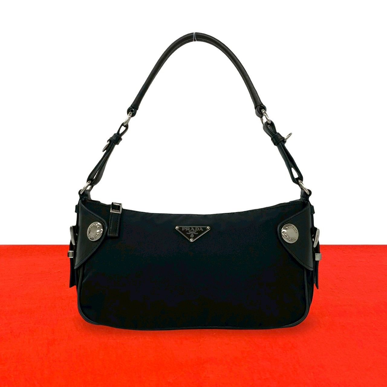 極 美品 希少品 PRADA プラダ 三角ロゴ 金具 テスート ナイロン レザー 本革 セミ ショルダーバッグ ハンドバッグ ブラック 黒 96404