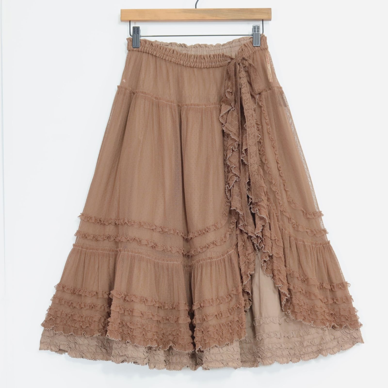 【レア美品】ピンクハウス★ドットチュールのタブリエ付き♪ローンギャザースカート 茶系 裾段々フリル♪無地 z21019