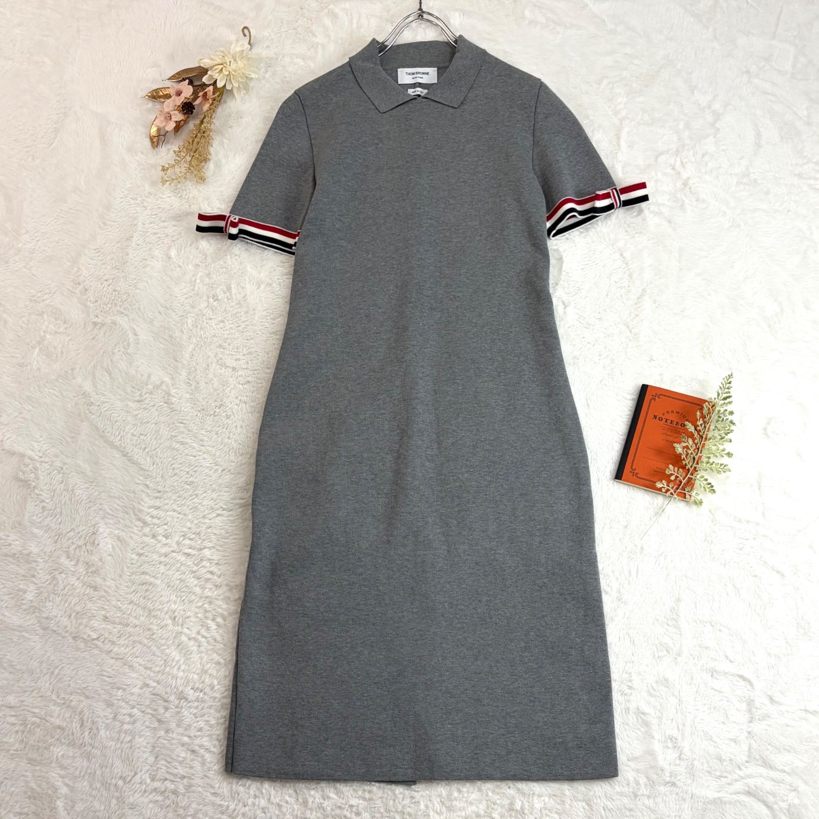 美品 イタリア製 THOM BROWNE トムブラウン 半袖 ポロワンピース ストレッチ グレー レディース 40