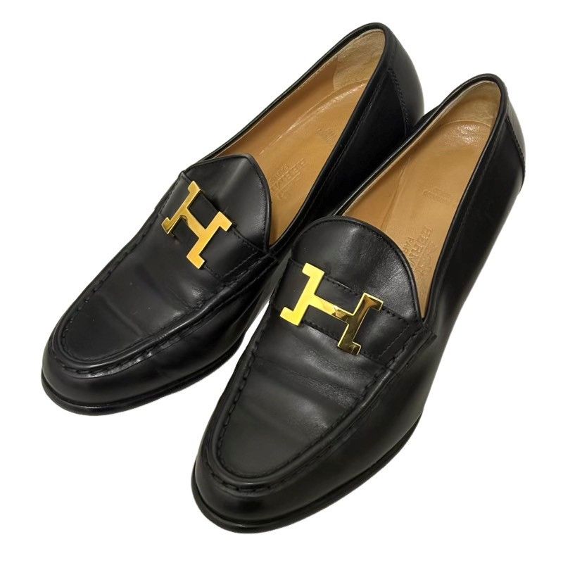 HERMES エルメス コンスタンス Hロゴ ローファー ブラック ゴールド金具 本革 レザー 靴 レディース 【中古】 22605K589