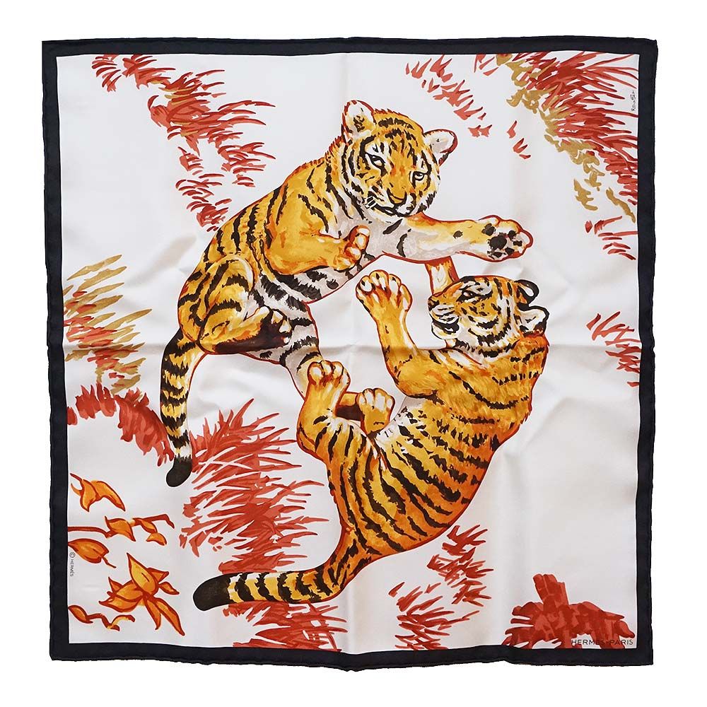 エルメス ガヴロッシュ カレ 45 Les Tigreaux レ ティグロー シルク100％ ブラン フォーヴ ブリック ホワイト スカーフ 箱付 HERMES（新品・未使用品）