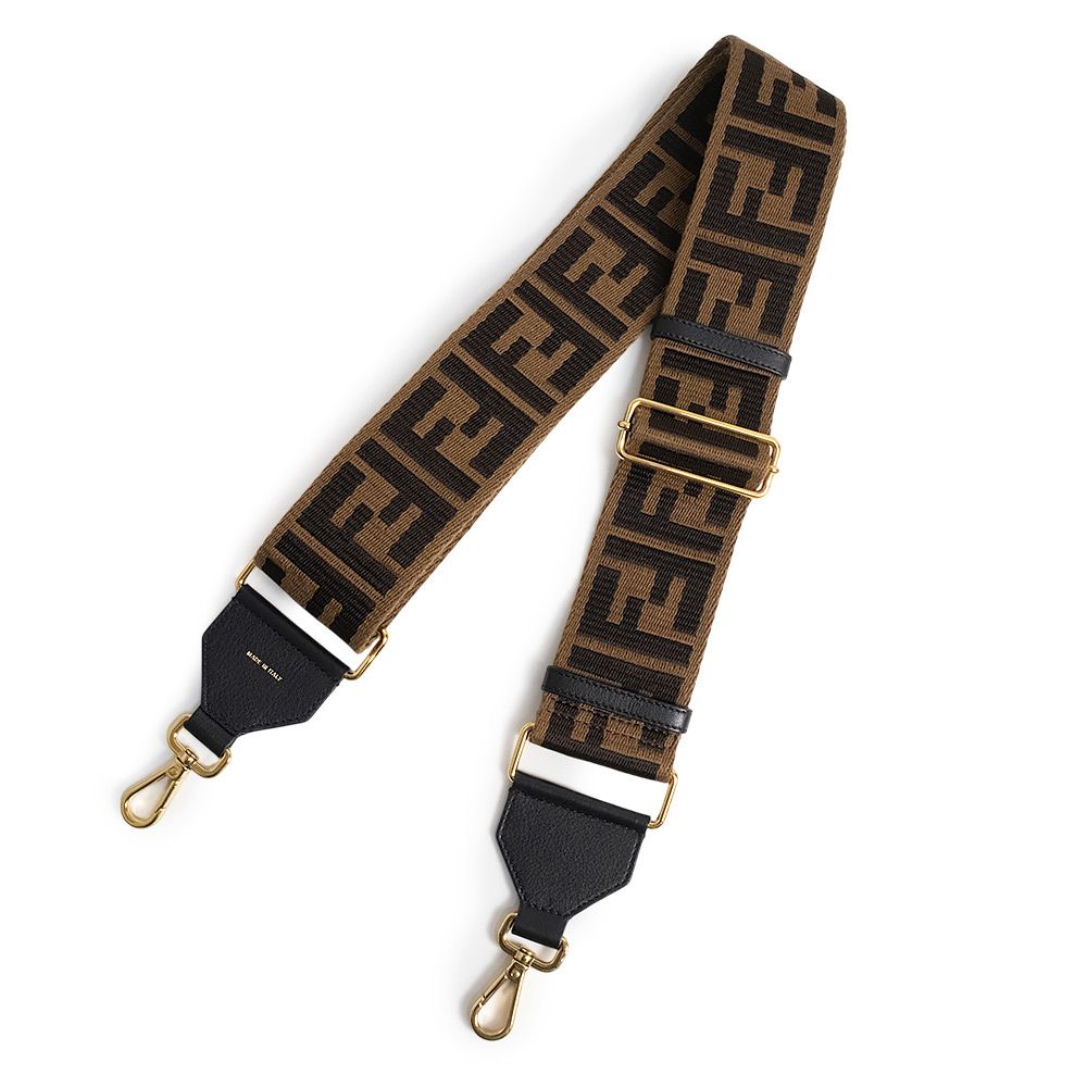 フェンディ 8AV134 ストラップ ユー FFロゴ ファブリック カーフスキン ブラウン ショルダーストラップ レザー ゴールド金具 FENDI（未使用　展示品）