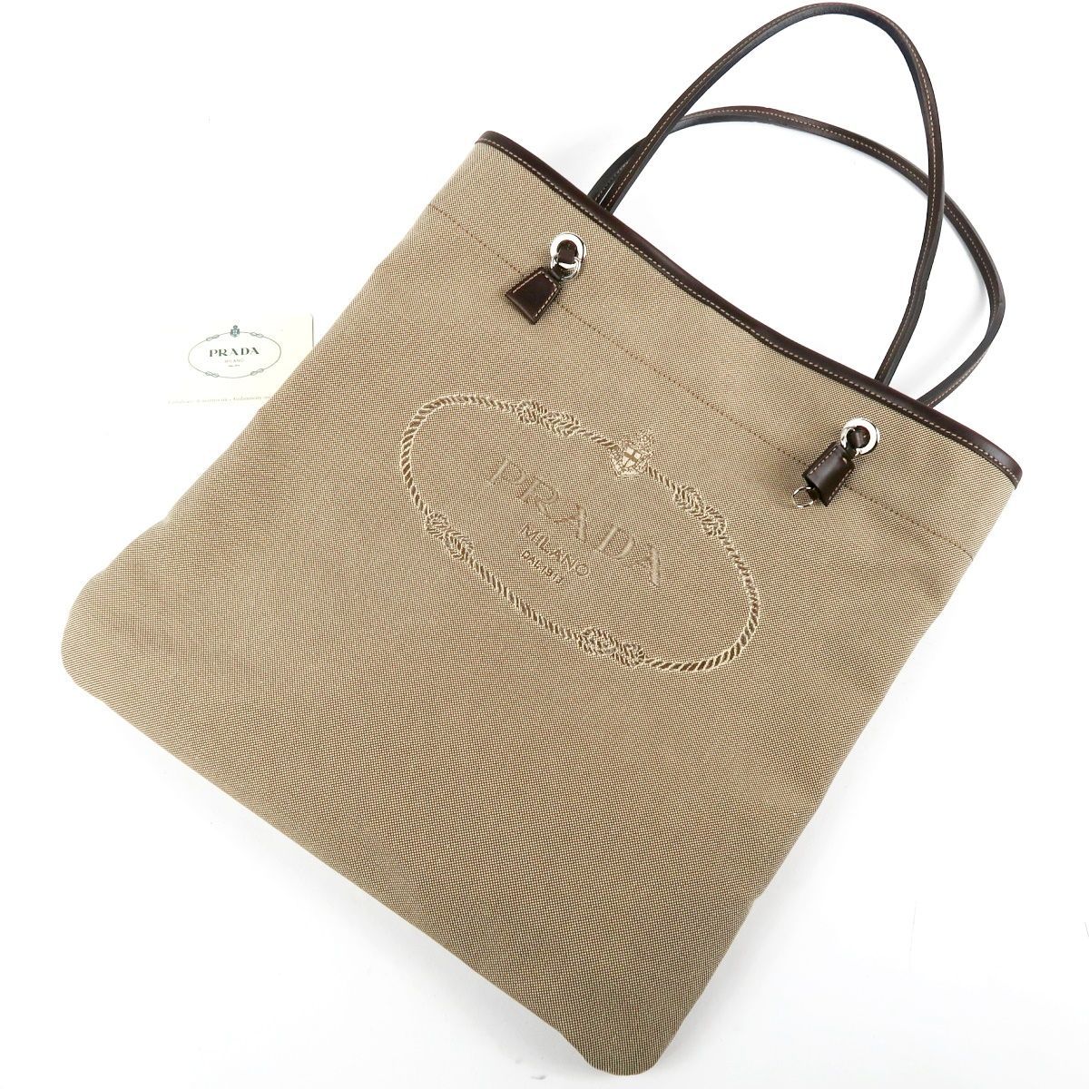 【新品同様・未使用】PRADA プラダ ジャガード ハンド トートバッグ ベージュ系 キャンバス×レザー ブランド鞄【UR28】