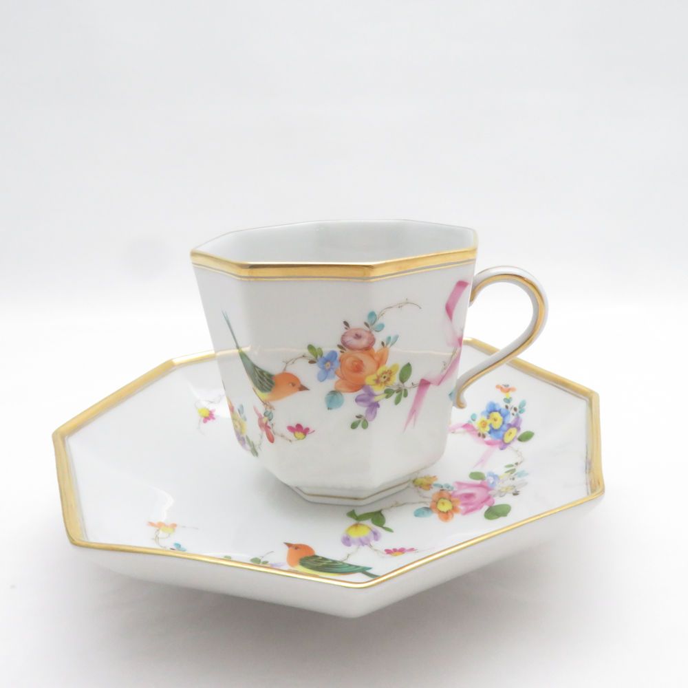 美品 Herend ヘレンド 地中海の庭 JM 4304 オクタゴナルカップ＆ソーサー コーヒー 八角 シノワズリ 鳥 花 金 リボン SU14454C1