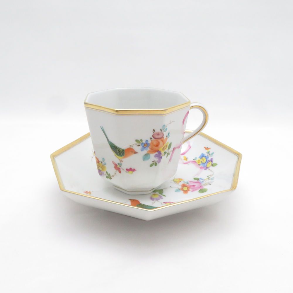 美品 Herend ヘレンド 地中海の庭 JM 4304 オクタゴナルカップ＆ソーサー コーヒー 八角 シノワズリ 鳥 花 金 リボン SU14453C1