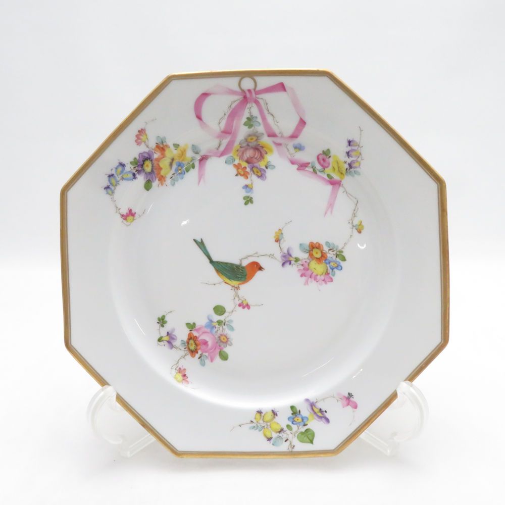 美品 Herend ヘレンド 地中海の庭 JM 4318 オクタゴナルプレート 18cm 八角皿 シノワズリ 鳥 花 金彩 リボン SU14448C1
