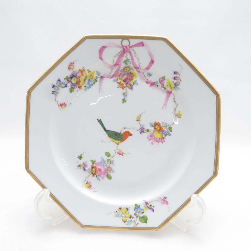 美品 Herend ヘレンド 地中海の庭 JM 4318 オクタゴナルプレート 18cm 八角皿 シノワズリ 鳥 花 金彩 リボン SU14449C1