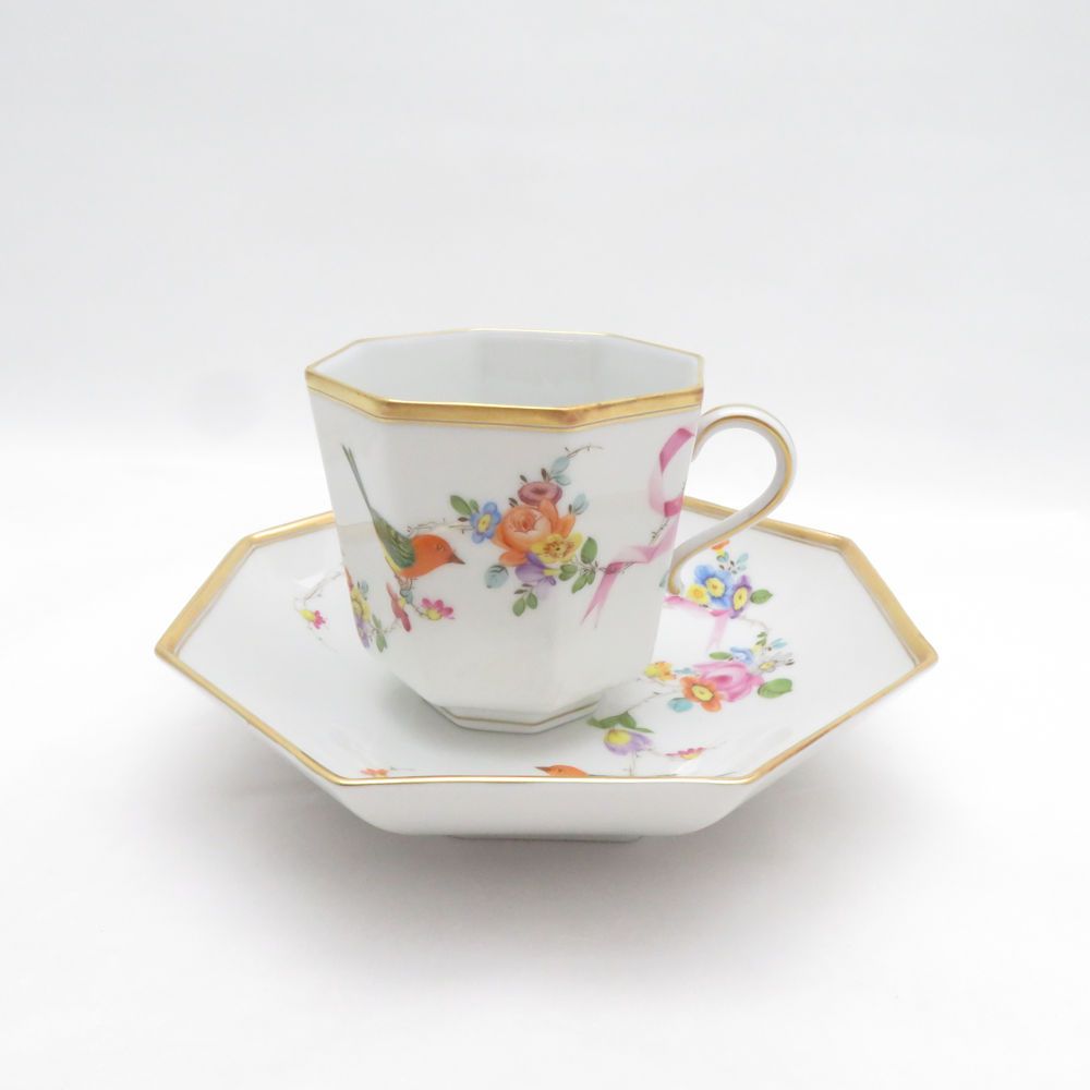 美品 Herend ヘレンド 地中海の庭 JM 4304 オクタゴナルカップ＆ソーサー コーヒー 八角 シノワズリ 鳥 花 金 リボン SU14452C1