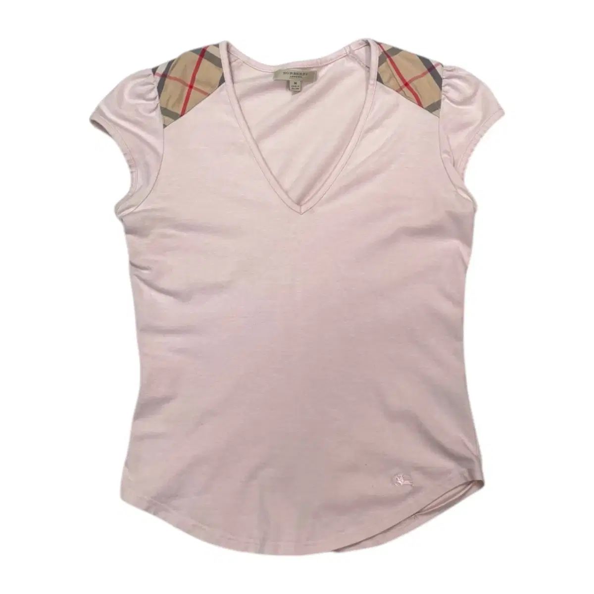 BURBERRY バーバリー ライトピンク ノヴァチェック ショルダ Vネック Tシャツ M