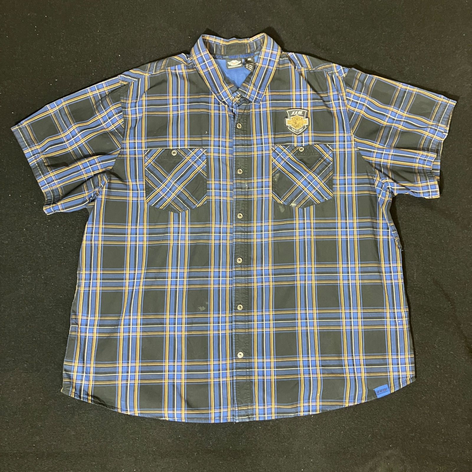 Harley-Davidson 115Anniversary size:4XL 半袖シャツ ハーレーダビッドソン チェックシャツ ワッペン 刺繍 オーバーサイズ 古着