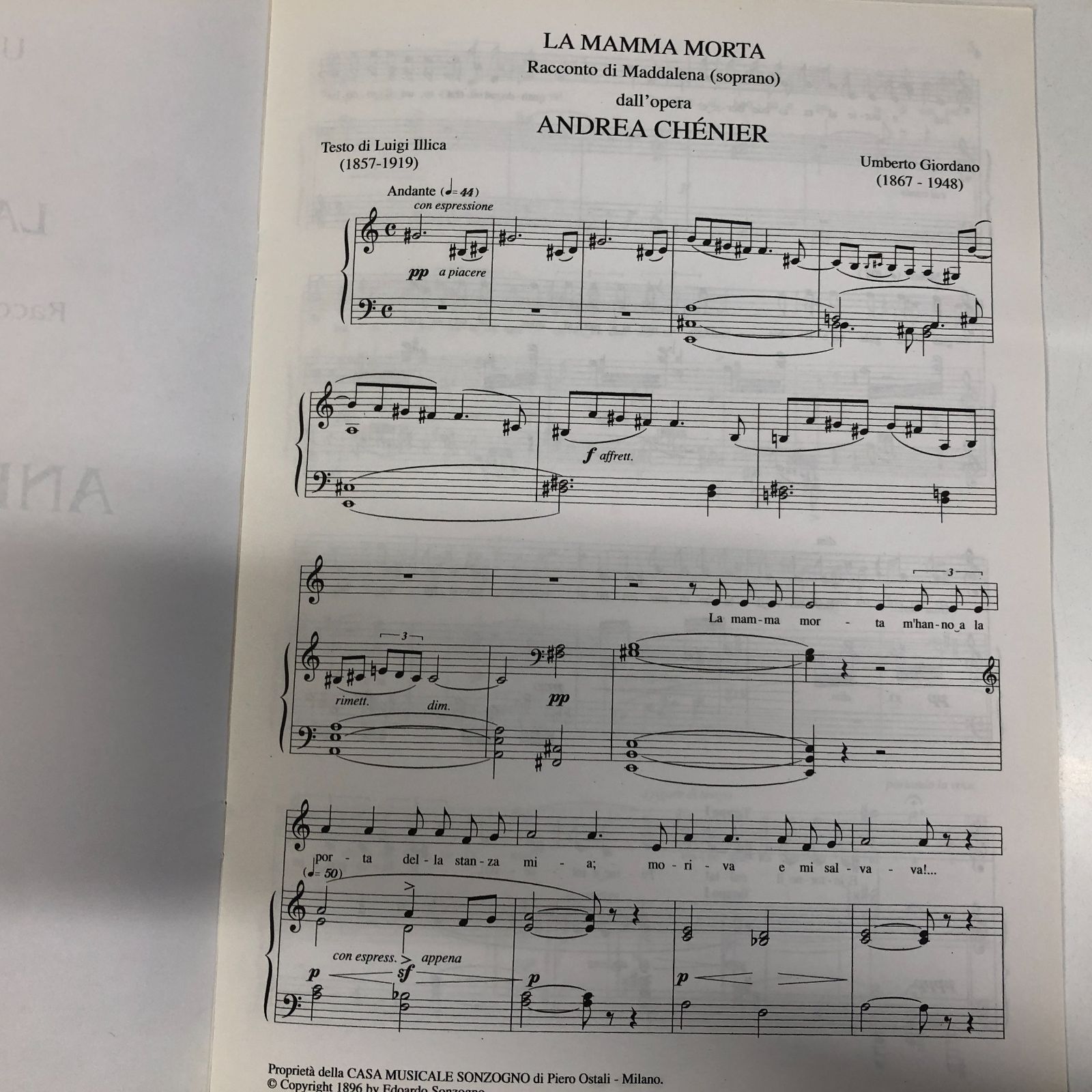 ◇[N]楽譜 LAMAMMA MORTA ANDREA CHENIER オペラ アンドレア シェニエ 