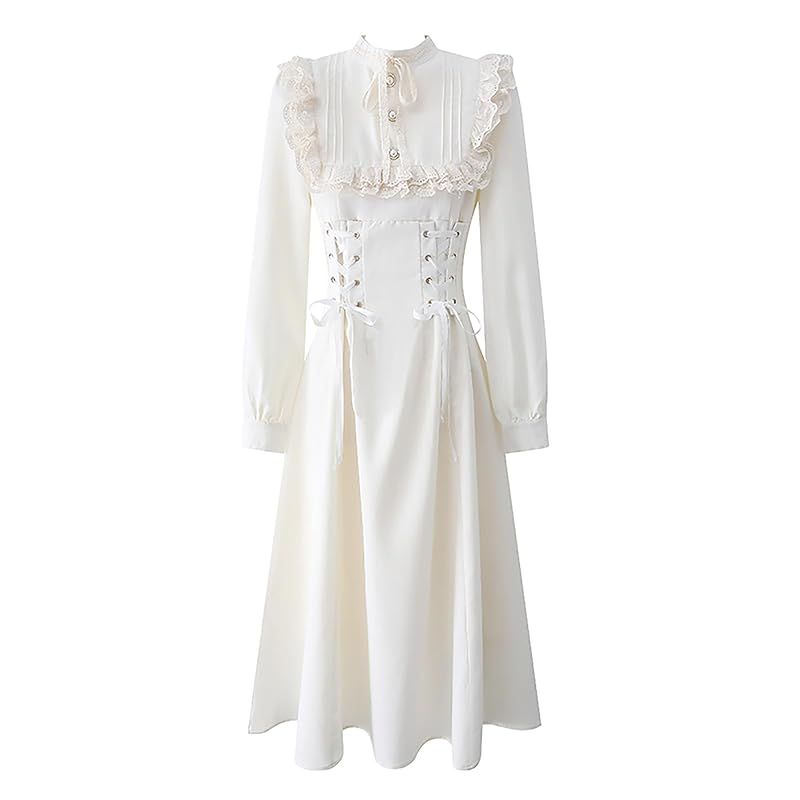 【新品】 [ＸＨＳＵＫＡＤＯ] レディース ワンピース 服 ドレス ゴスロリ レースアップ ハイウエスト ウエストマーク 秋 冬 春 ロングドレス 長袖 Aライン ロリータ系 病みかわいい ゴシック レース フリル 森ガール フランチ 姫系 天使界隈 女の子
