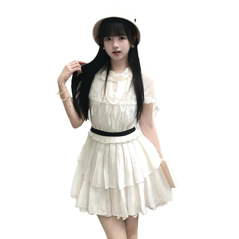 【新品】 [Yuzella] 清楚系 ケープ風 シフォン ワンピース レディース ノースリーブ レース フリル 取り外し可能 ベルト付き ゆめかわいい 大人 可愛い エレガント フレンチ ガーリー系 ロリータ お嬢様 量産型 ファッション 服 学生 夏 ホワイ