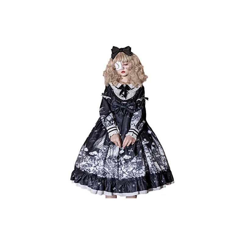 【新品】 [Lady Lazy] [レディレイジー] ゴスロリ 長袖 ドレス ワンピース お城柄 ブラック 黒 ひざ丈 ドール 衣装 卒業式 謝恩会 春休み お出かけ 撮影 舞台 クラシック お姫様 ロリータ ドール (L)