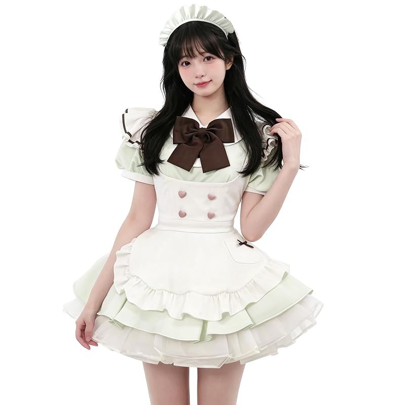 【新品】 [KALAOK] 英国風 メイド服 ロング 黒白 ワンピース ハロウィン コスプレ衣装 4点セット クラシカル 半袖 green 2XL