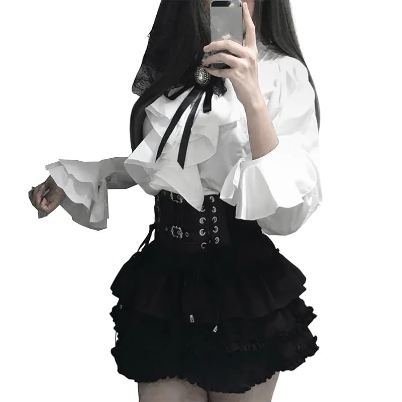 【新品】 [AOTYP] アイドル衣装 コスプレ ゴスロリ ロリータ ブラウス スカート サッシュベルト ゴシック セットアップ ミニ丈 Y2K ステージ 衣装 撮影 ハロウィン 仮装 かわいい 黒 白 ブラック/ホワイトXL