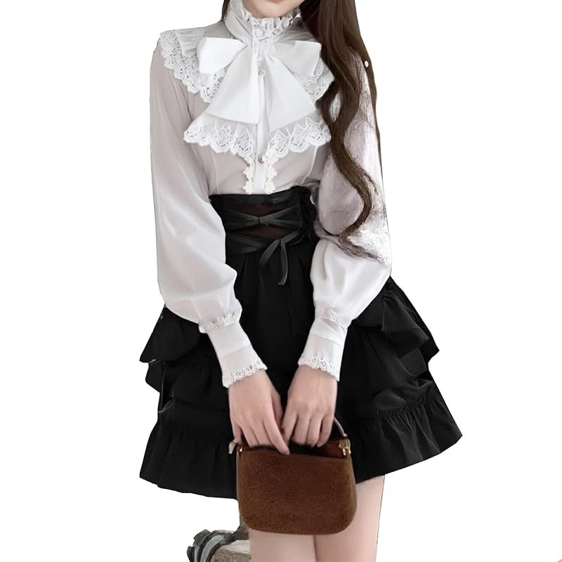 【新品】 [AOTYP] ゴスロリ コスプレ衣装 コルセットベルト付き 3点セット ゴシック シャツ レース フリル 長袖 立ち襟 森ガール ロリータ Lolita 服 通勤 ゆったり ホワイト/ブラックS