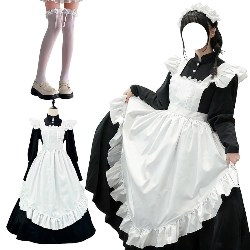 【新品】 [Sivrusn] メイド服 コスプレ ロング丈 英国風 萌え ゴスロリ メイドカフェ 可愛い ロリータ 長袖 ワンピース ハロウィン コスチューム 仮装 衣装 レディース メンズ cosplay エプロン カチューシャ パーティー イベント 学園祭