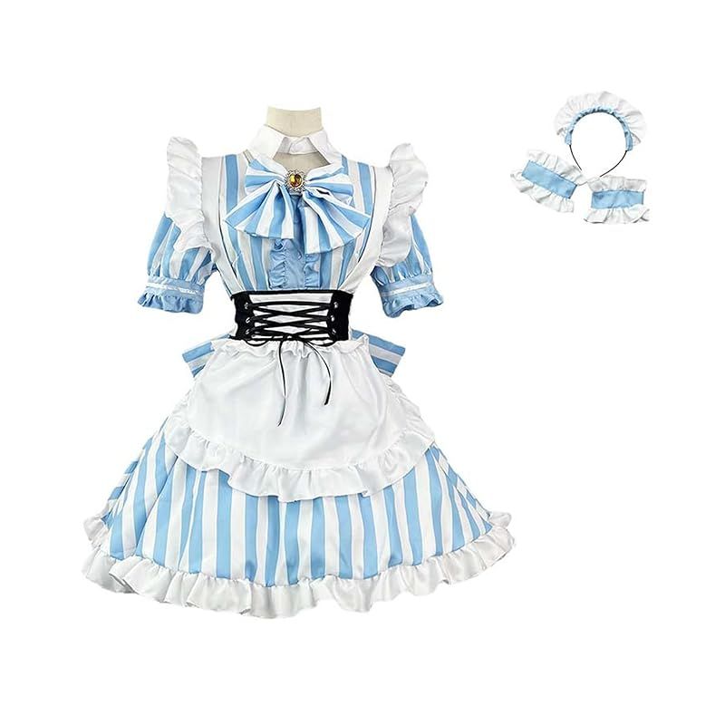 【新品】 [YZZYQQ] メイド服 メイドコスプレ 半袖 可愛いメイドセット 萌え メイドカフェ 喫茶店 学園祭 撮影 文化祭 ハロウィン コンカフェ ブルー XL