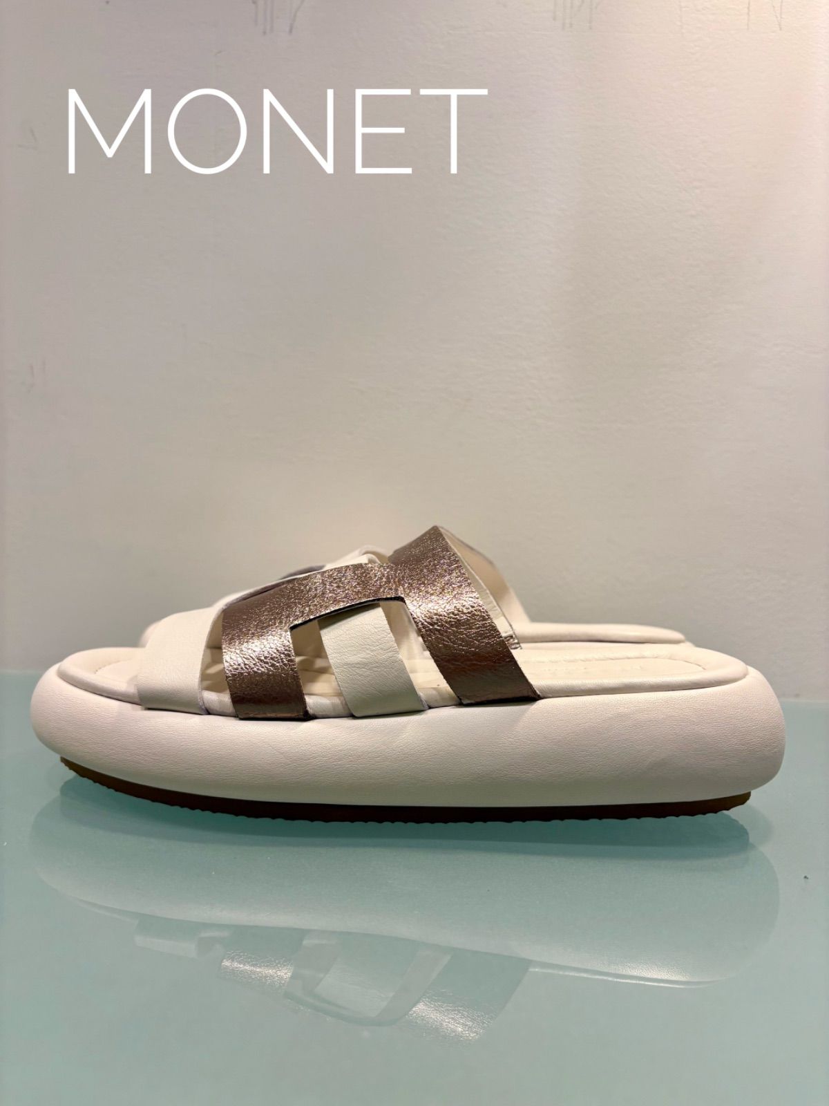 【MONET/モネ】【訳あり】本革 ミュールサンダル ホワイト 23cm 3E 厚底 500181