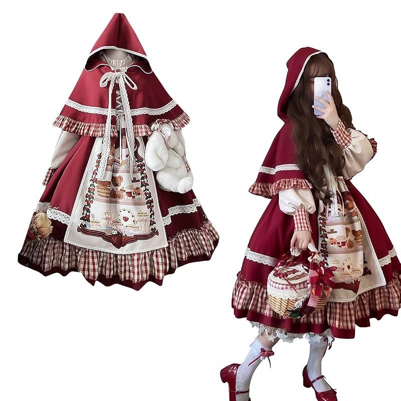 【新品】 [CR ROLECOS] ロリータ ワンピース 赤ずきん コスプレ レディース ドレス服 可愛い 長袖 フリル 写真用 ハロウィン 大人 赤ずきんちゃん コスプレ衣装 赤 レッド Lolita（ケープ付き、L）