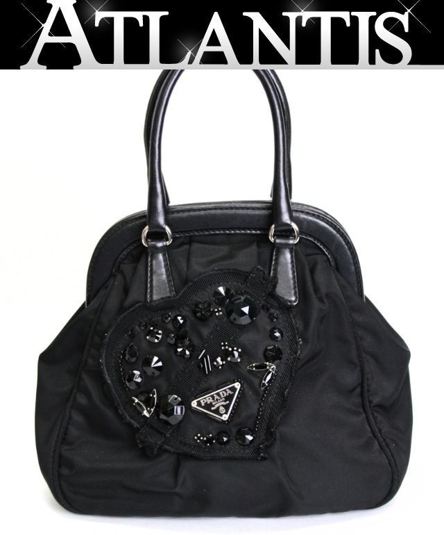 PRADA ナイロン ハンドバッグ ブラック 美品 PRADA プラダ 三角ロゴ ビジューハート ミニハンドバッグ