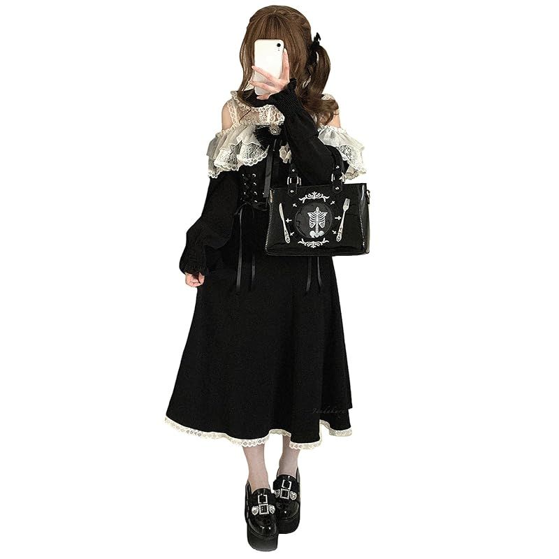 【新品】 [Jundakara] 地雷系 量産型 オープンショルダー ワンピース レディース ショート丈 長袖 かわいい 清楚系 取り外し可能 リボン付き フリル フレンチガーリー系 フェミニン ロリータ系 服 おしゃれ 春 夏 秋 冬 学生 ロング丈 ブラッ