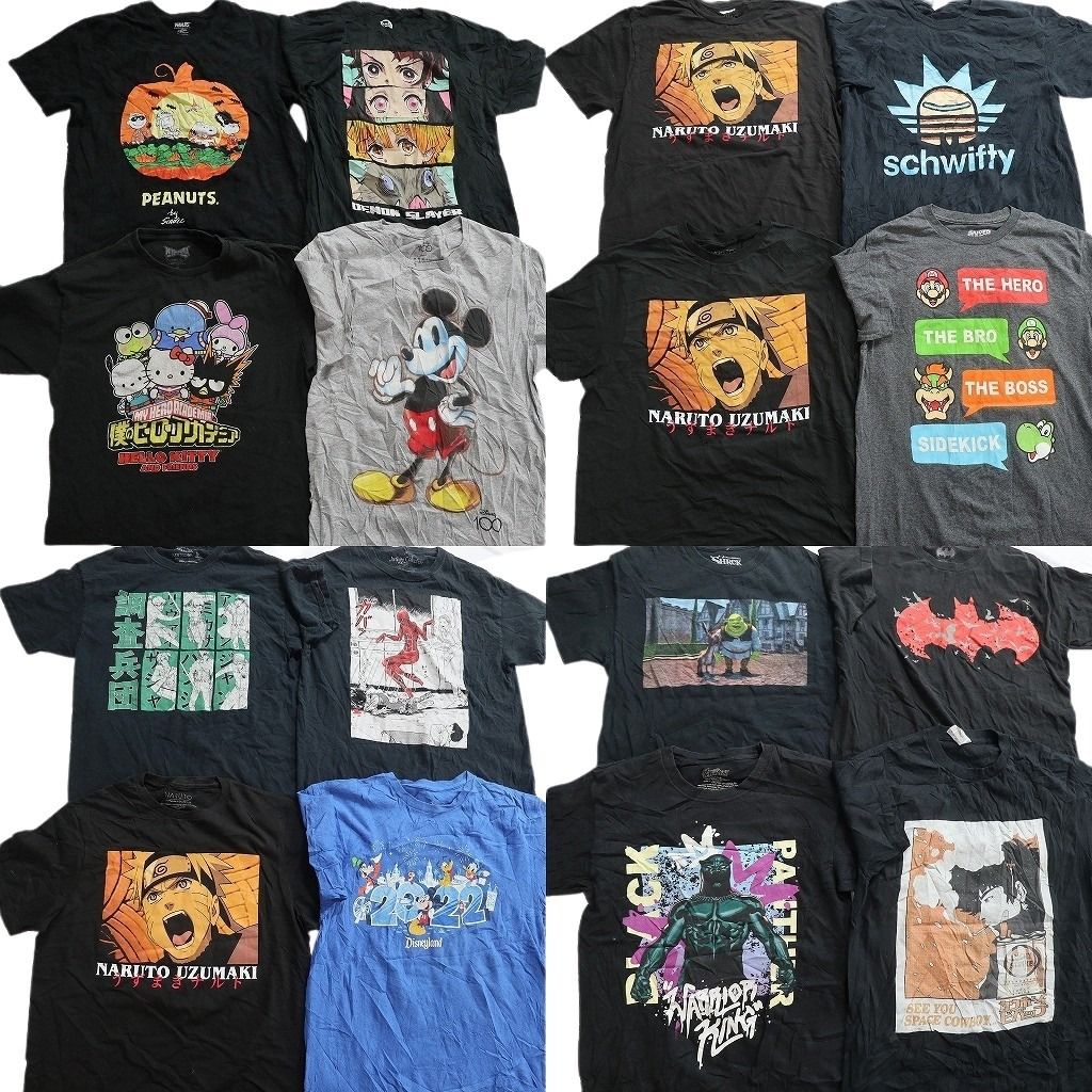古着卸 まとめ売り キャラクター Tシャツ 16枚セット ( メンズ M ) ミッキー ディズニー ハローキティ ナルト 中古 古着 NF2175