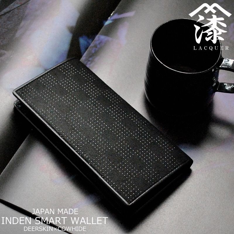 日本国産財布12 印伝鹿革黒色漆×牛革長財布 市松模様ブラック スマートロングウォレット bztk-12id100 2706