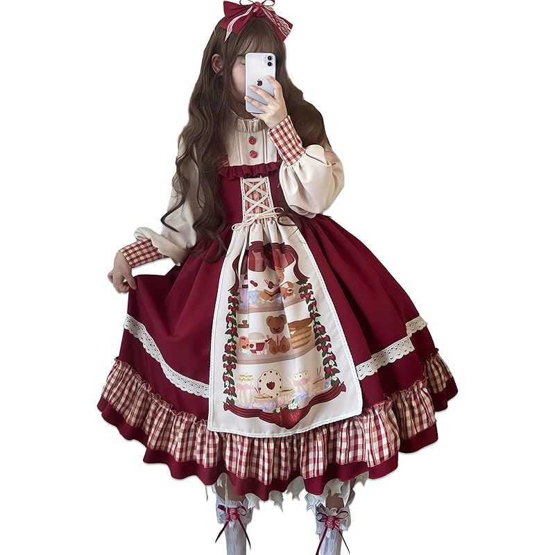 【新品】 [CR ROLECOS] ロリータ ワンピース 赤ずきん コスプレ レディース ドレス服 可愛い 長袖 フリル 写真用 ハロウィン 大人 赤ずきんちゃん コスプレ衣装 赤 レッド Lolita（M）