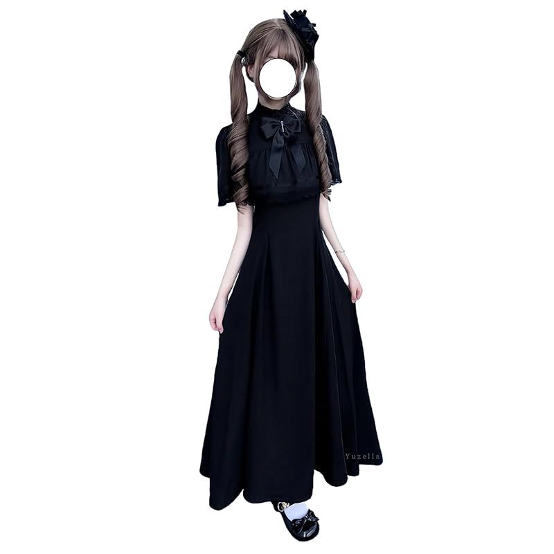 【新品】 [Yuzella] ゴシック ケープ風 ワンピース レディース ロング丈 ノースリーブ フリル 取り外し可能 十字架 リボン付き ゆめかわいい 大人 可愛い エレガント フレンチ ガーリー系 ロリータ系 お嬢様 地雷系 ファッション 服 夏 黒 ブラ