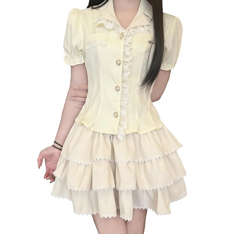 【新品】 [ＸＨＳＵＫＡＤＯ] ゆめかわいい 韓国風 上下セット レディース ワンピース トップス ミニスカート 量産型 甘ロリ ベビーカラー襟 レース フリル リボン 女の子 学生 A ライン 森ガール エレガント 半袖 春 夏 秋 ベージュ M [並行輸入