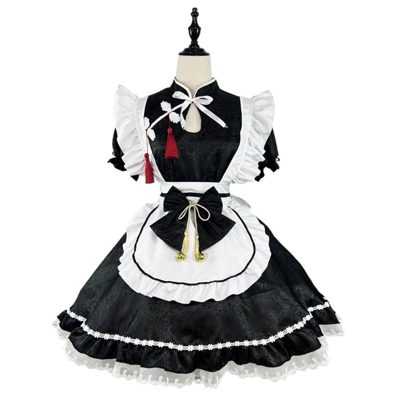 【新品】 [RPFLQ] メイド服 コスプレ ハロウィン 仮装 ロリータ ロリ 蝶結ぶ 胸空き コスチューム レディース エプロン 衣装 長袖 半袖 フリル 可愛い 萌え 撮影 学園祭 イベント 活動 ヘアバンド ニーハイソックス付き (半袖セット, XL)