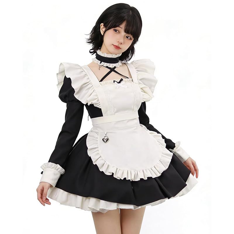 【新品】 [KALAOK] メイド服 コスプレ レース 長袖 ワンピース 大きいサイズ ゴスロリ ハロウィン 仮装 cosplay 喫茶店 black S