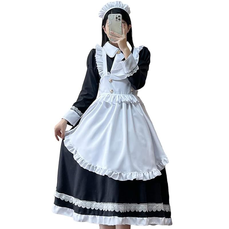 【新品】 [YAISHN] メイド服 ロリータ ワンピース ゴスロリ 可愛い 正統 ドレス ロング 人気 ハロウィン 仮装 レディース コスプレ 長袖 蝶結ぶ パーティー イベント 演出服 カチューシャ ニーハイソックス 5点セット (M)