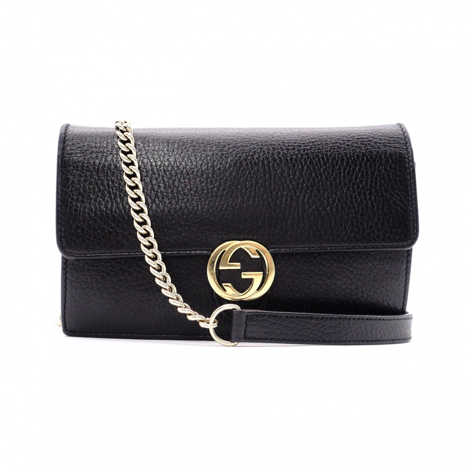 GUCCI グッチ ミニ インターロッキング ショルダーバッグ レザー ブラック GGロゴ ゴールド金具