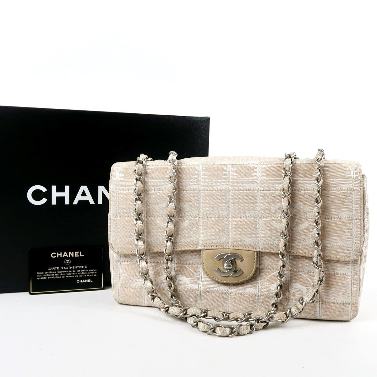 【美品】CHANEL シャネル ニュートラベルライン チェーンショルダーバッグ ターンロック ベージュ系 キャンバス【US75】