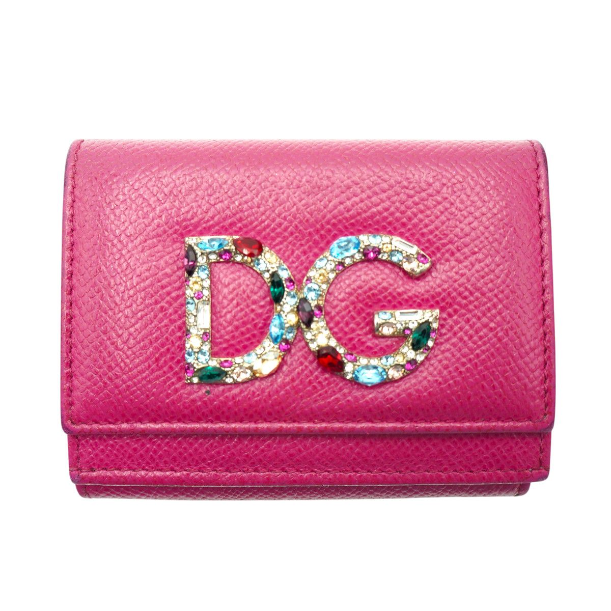 DOLCE＆GABBANA ドルチェ&ガッバーナ DGロゴ カラーラインストーン Wホック 三つ折り コンパクトウォレット 財布 ピンク K2606-k096