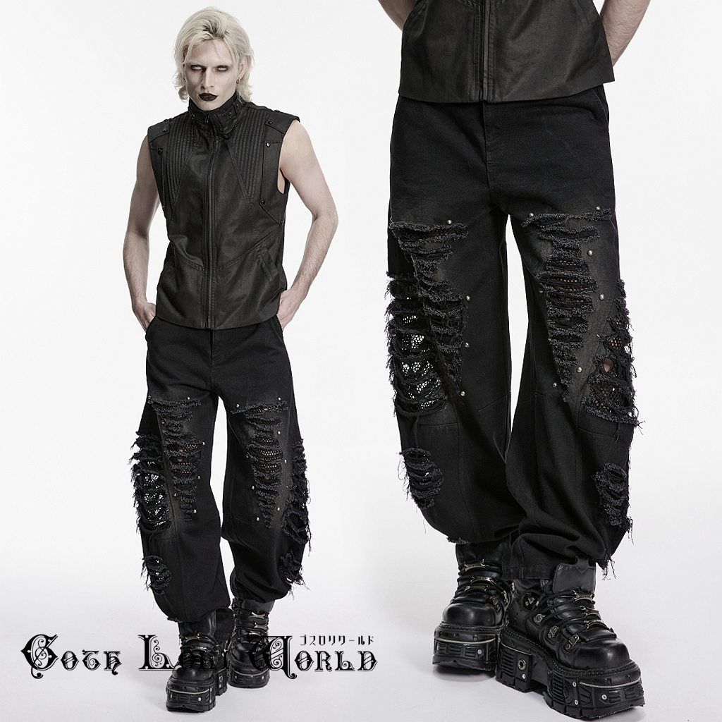 ゴスロリワールド WK-766NCM-BK パンク ロック ファッション メッシュ ダメージ ベルト付 ワークパンツ ロングパンツ メンズ ファッション パンク ロック V系