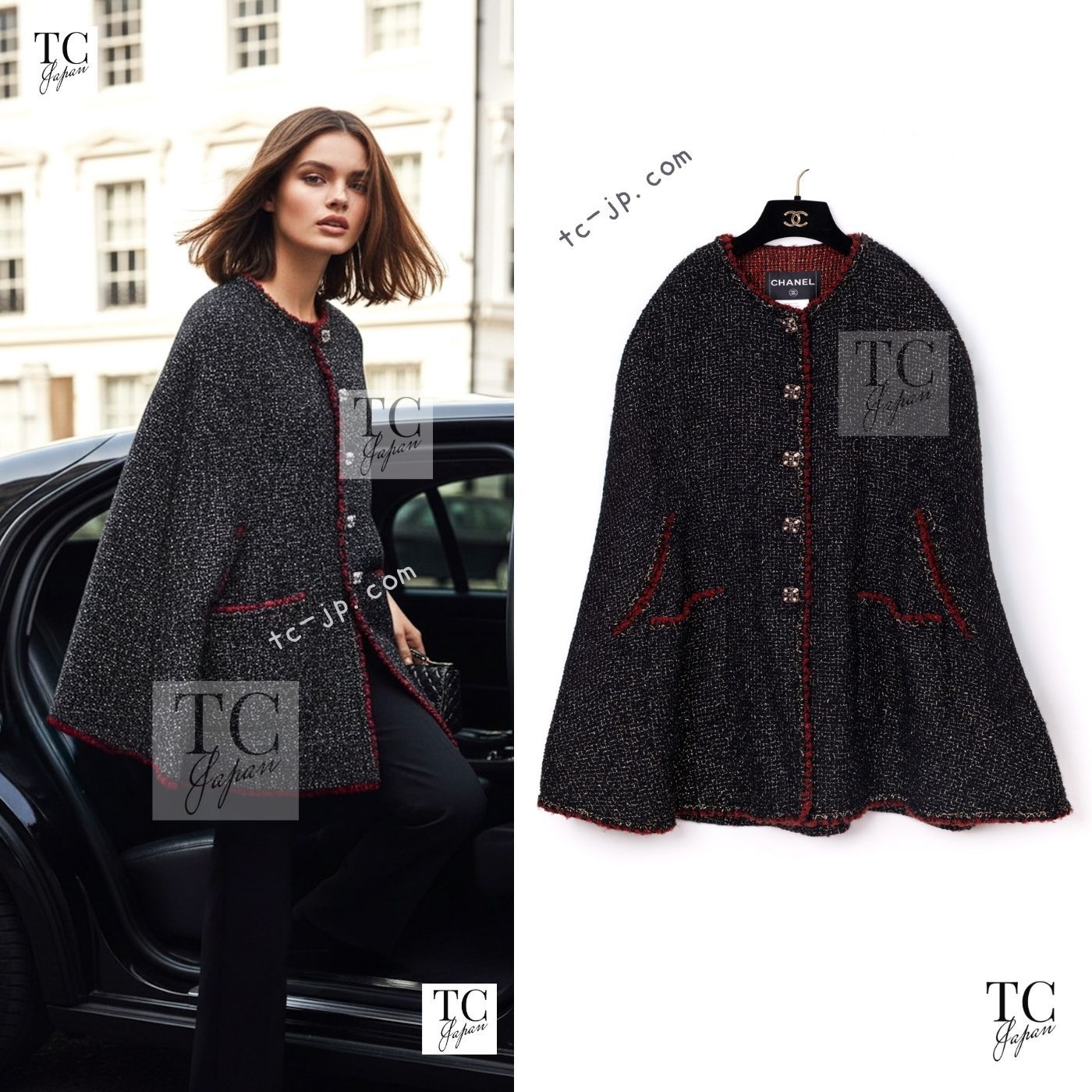 シャネル ポンチョ ケープ コート CHANEL ブラック レッド トリム メタリック ツイード グリポア宝石ボタン レア 貴重 超美品 38