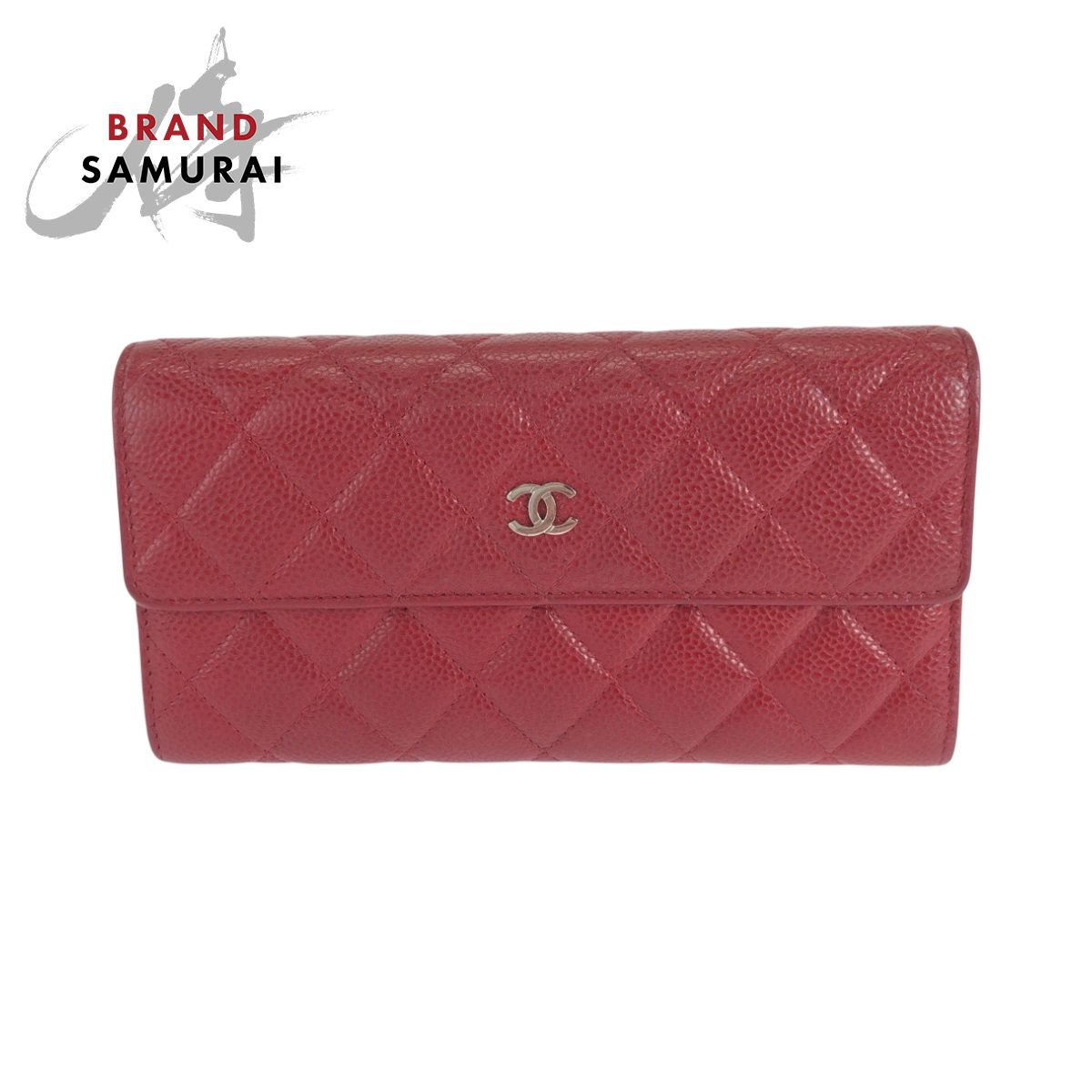美品 CHANEL シャネル マトラッセ ココマーク レッド シルバー金具 キャビアスキン 長財布 ロングウォレット レディース 603106【中古】