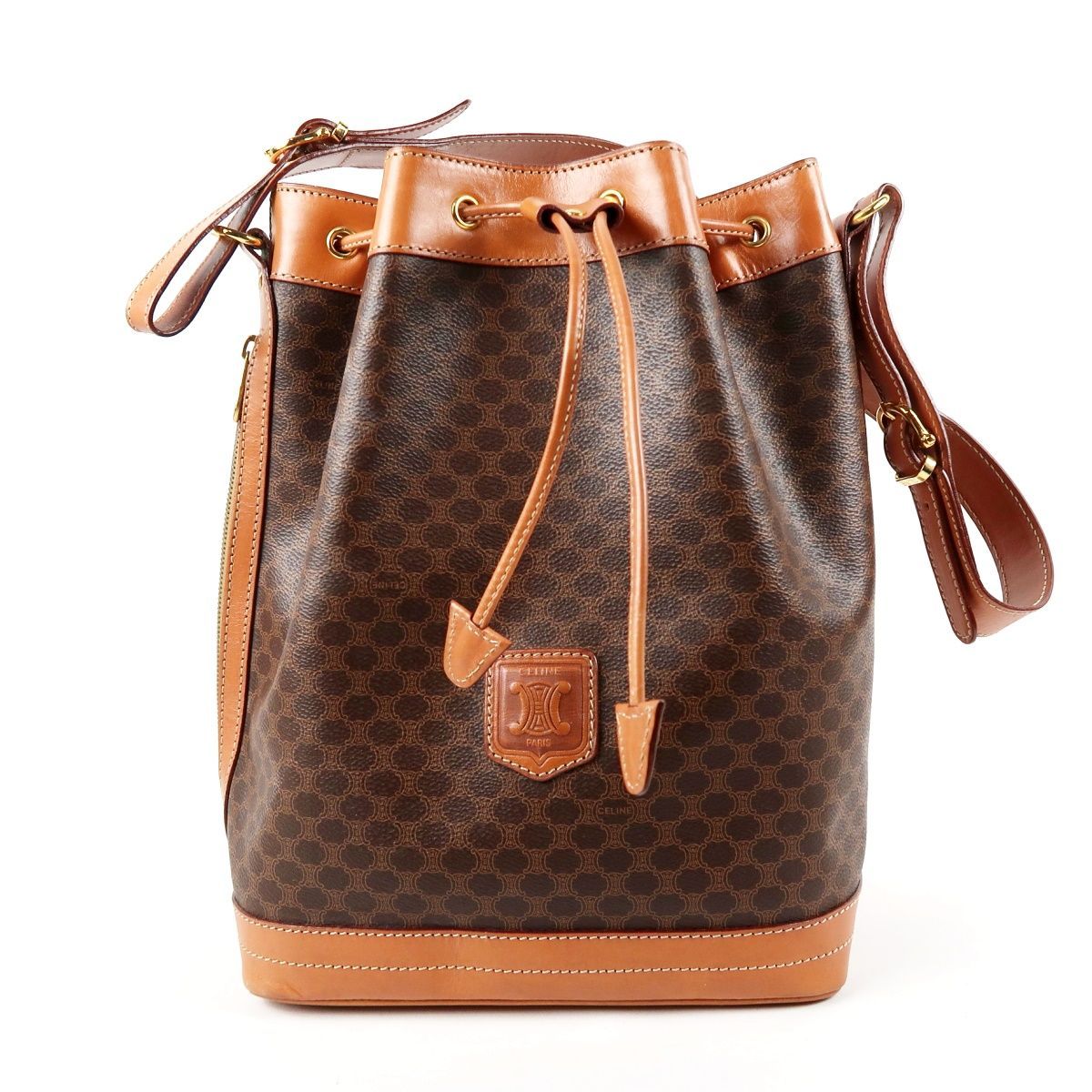 美品】CELINE セリーヌ マカダム 巾着型 ショルダーバッグ ブラウン系 
