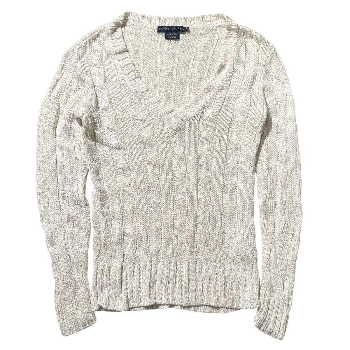 レディースM Ralph Lauren ラルフローレン リネン ブレンド ケーブル Vネック ニット