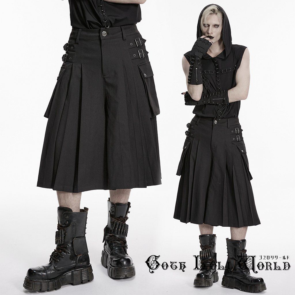 ゴスロリワールド WK-804DQM-BK 七分丈 ブラック プリーツ スカートパンツ スカート風 ワイドパンツ 袴パンツ メンズ ファッション パンク ロック V系 モード系