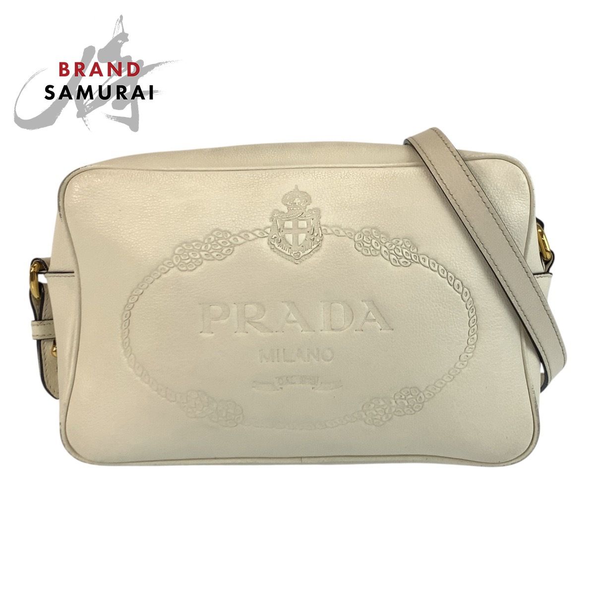PRADA プラダ ロゴ型押し ホワイト ゴールド金具 レザー ショルダーバッグ ポシェット レディース 603098【中古】 43,534円