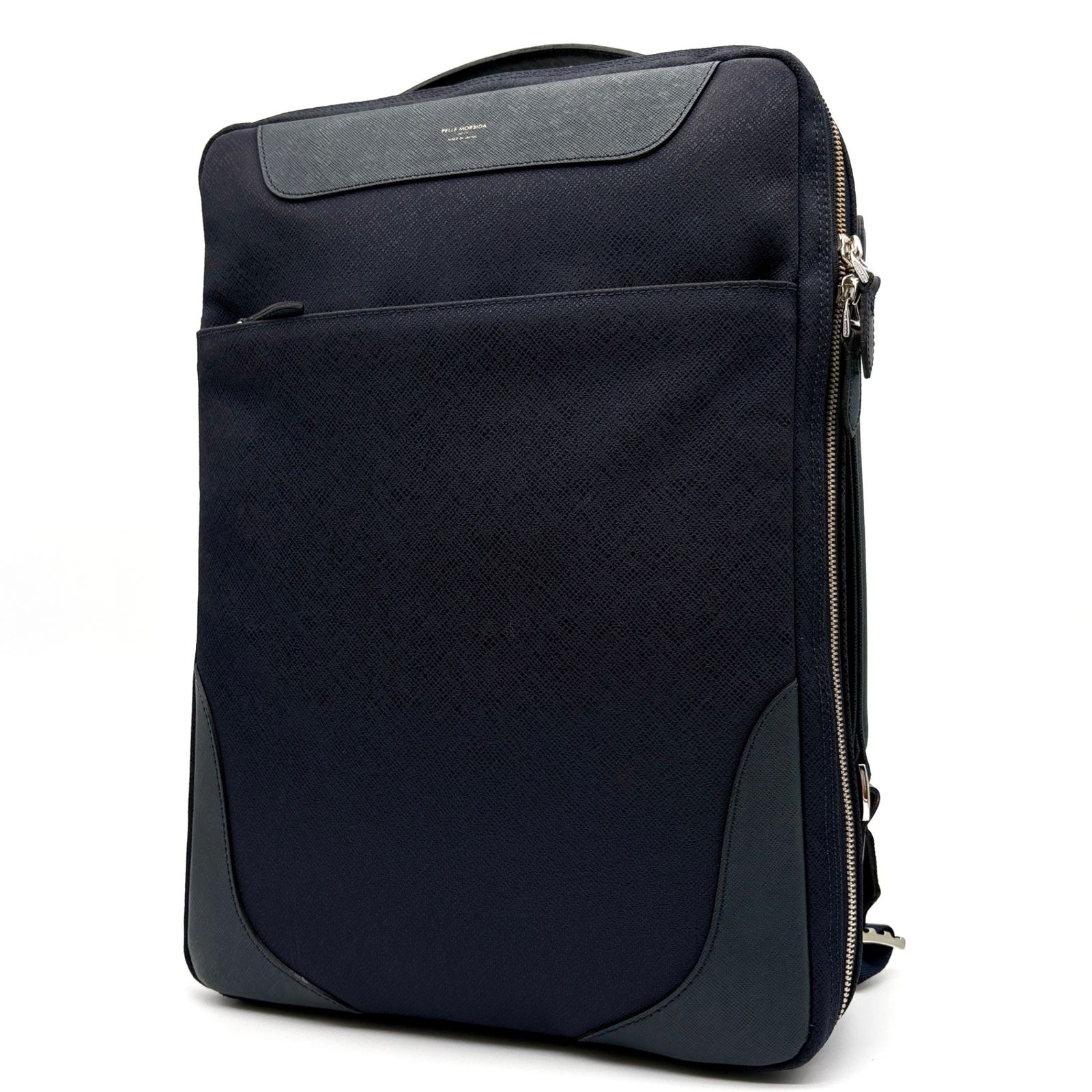 美品 ペッレモルビダ PELLE MORBIDA キャピターノ リモンタナイロン 3way ビジネスバッグ ブリーフケース リュック ショルダーバッグ ネイビー 紺 レザー 本革 A4 B4 PC収納 父の日 夏休み 出張 通勤