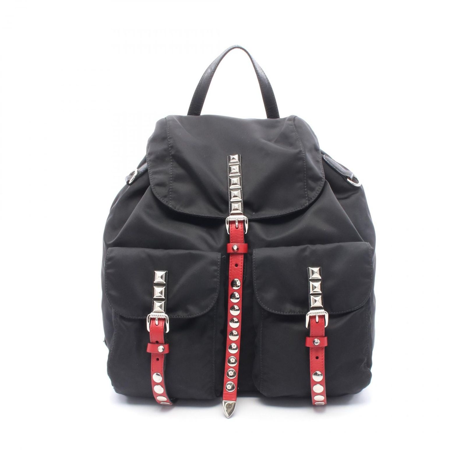 プラダ PRADA リュックサック バックパック NEW VELA スタッズ ブラック ナイロン レザー スタッズ バックパック レディース Used A