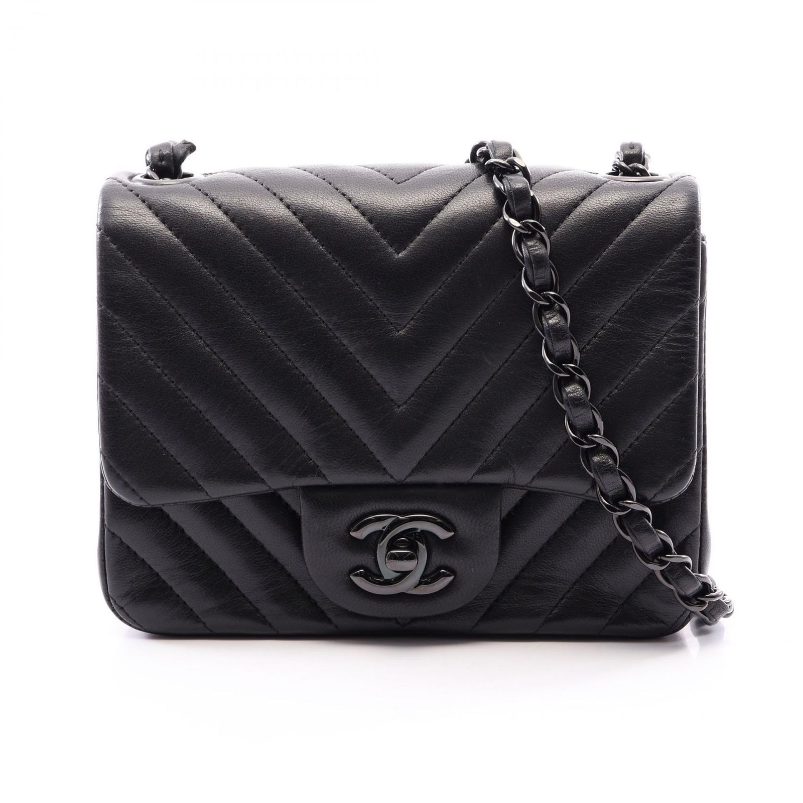 シャネル CHANEL ショルダーバッグ シェブロン Vステッチ ミニ ブラック金具 ブラック ラムスキン（羊革） シェブロン Vステッチ ミニ チェーンショルダー レディース
