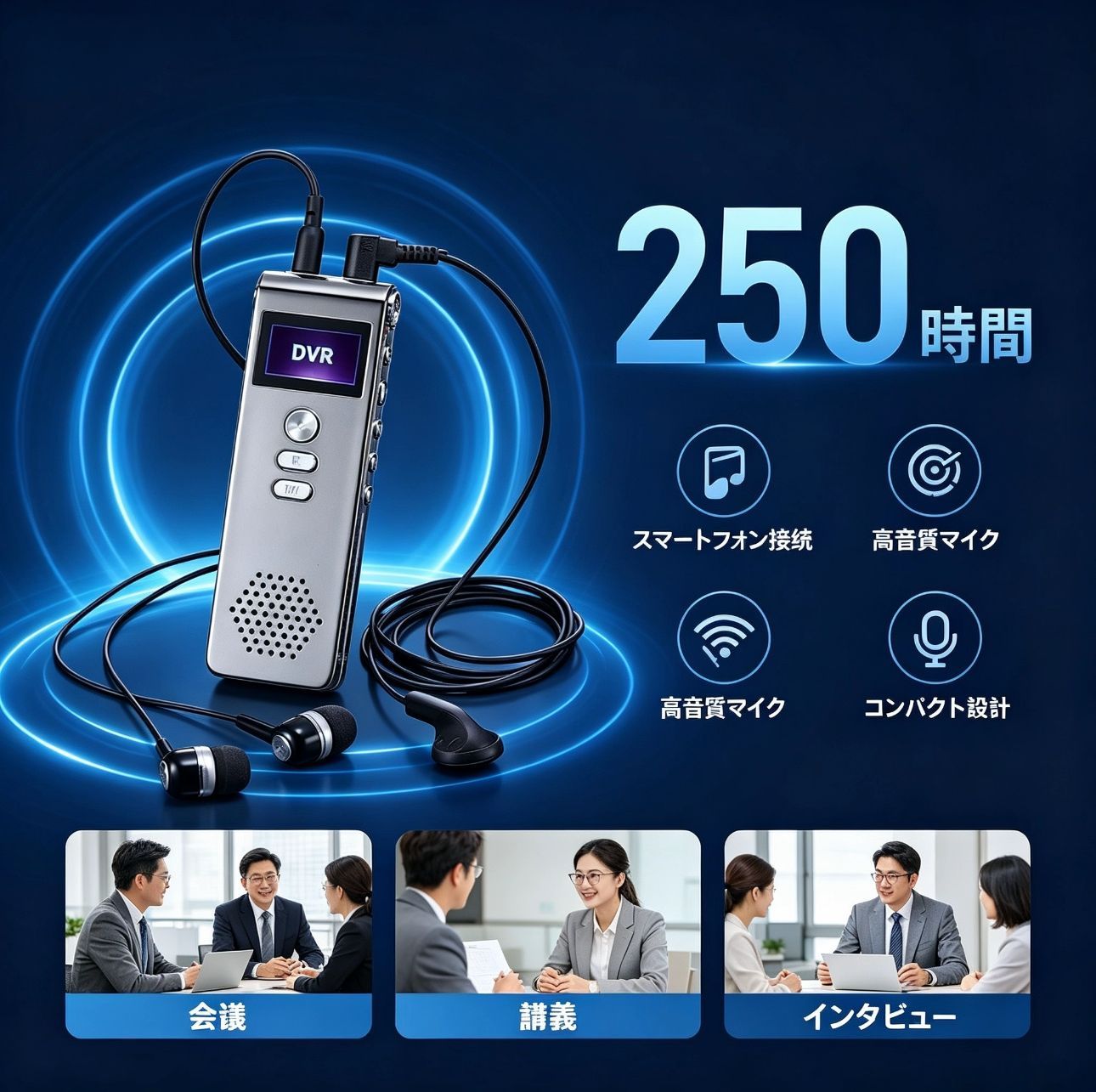キヨラカ 250時間ICレコーダー 長録君 WK-I01 ボイスレコーダー 長時間録音 録音機 スマホ接続対応 小型 軽量