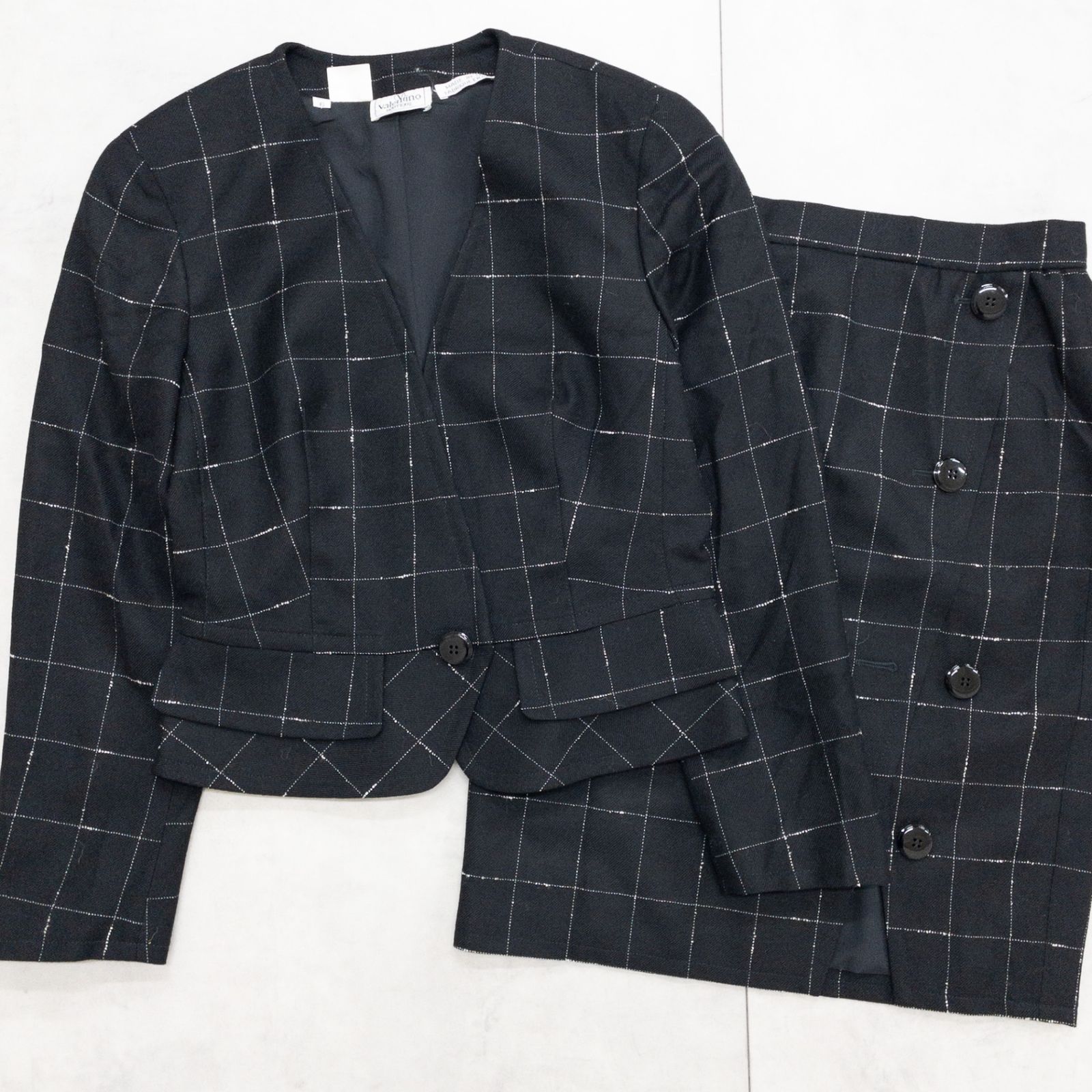 VALENTINO ヴァレンティノ セットアップ ノーカラージャケット スカート チェック柄 ヴィンテージ ブラック イタリア製 レディース 9 b01715